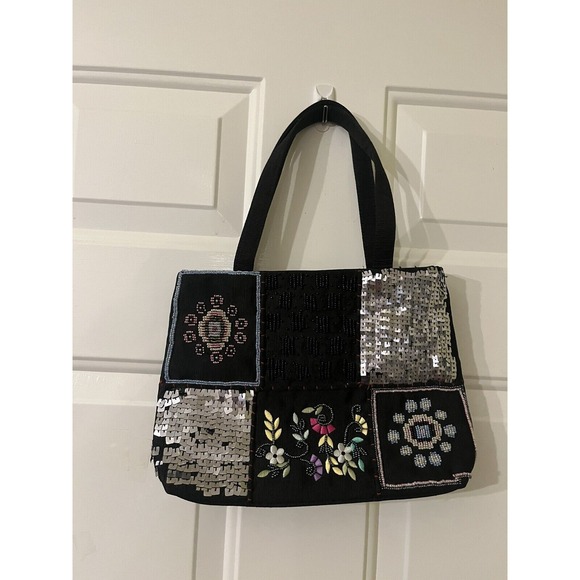 Liz Claiborne‎ Black Purse Dbl Handles Embroidered Sequins Beaded Fabric - Picture 1 of 6